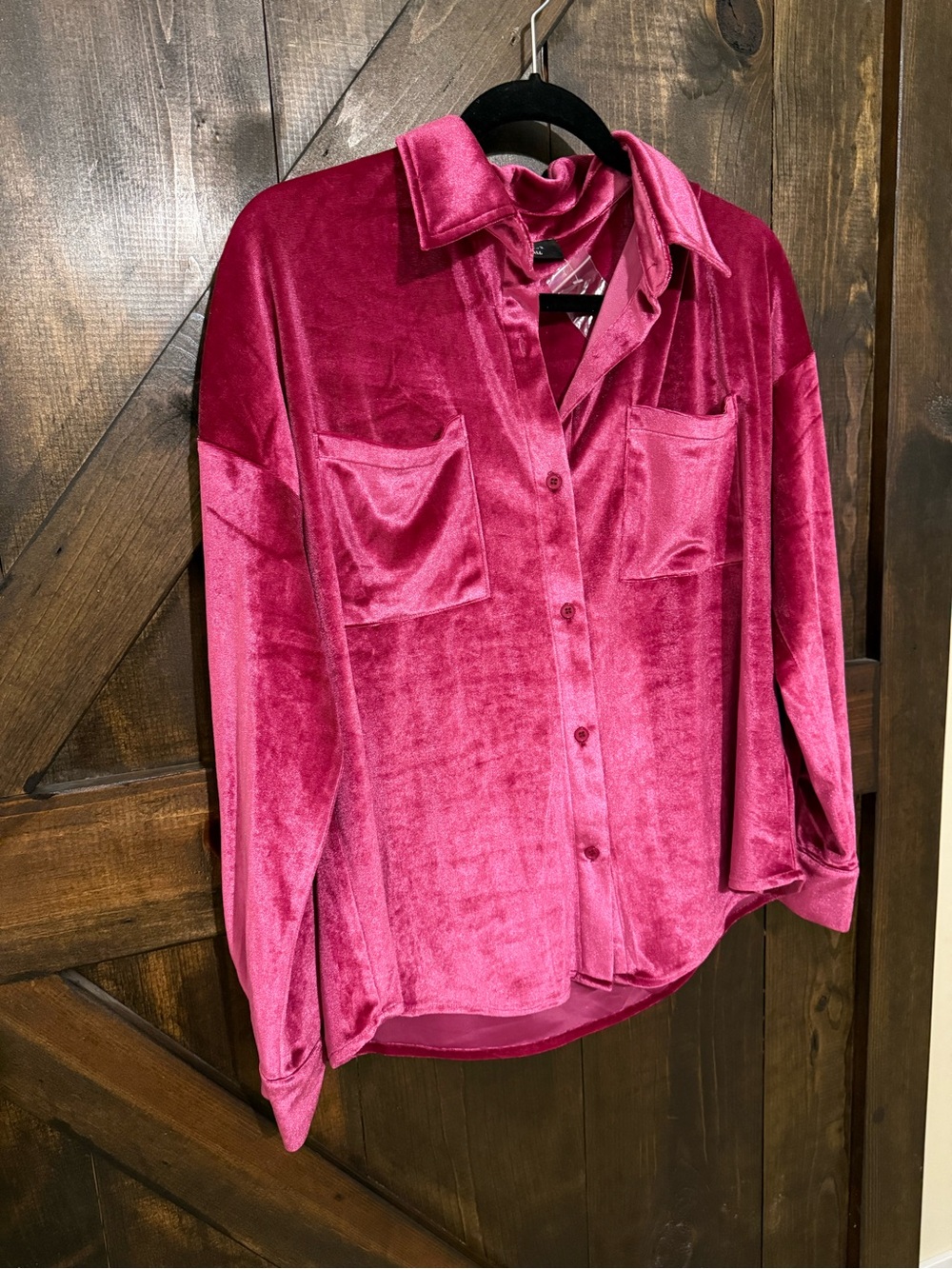 Vici Velvet Button-Down Shirt in Fuchsia